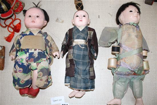 A collection of Japanese lacquered and composition head Gosha dolls, including three Musha Samurai, c.1900-1920